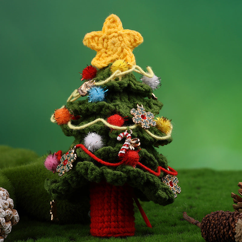 Handmade Crochet Christmas Tree — Miniature Holiday Decoration with Charms & Pom-Poms
