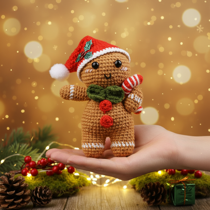 Hand Holding Crochet Gingerbread Man